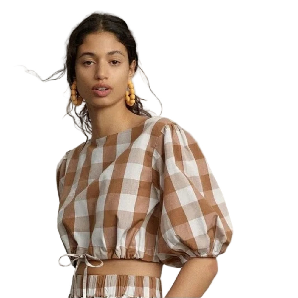 🛼Anthropology WHIT TWO Gingham Brown and White Checkered Top size S GUC..